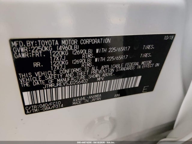 Aukcja sprzedaży 2018 Toyota Rav4 Hybrid Le, vin: JTMRJREV5JD256402, numer aukcji: 44874208