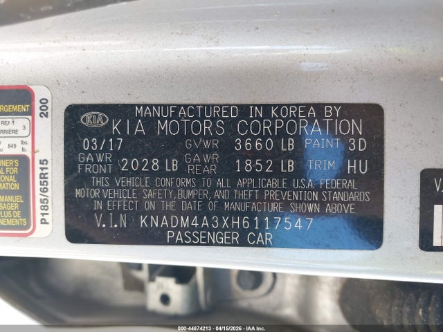 2017 Kia Rio Lx მანქანა იყიდება აუქციონზე, vin: KNADM4A3XH6117547, აუქციონის ნომერი: 44874213