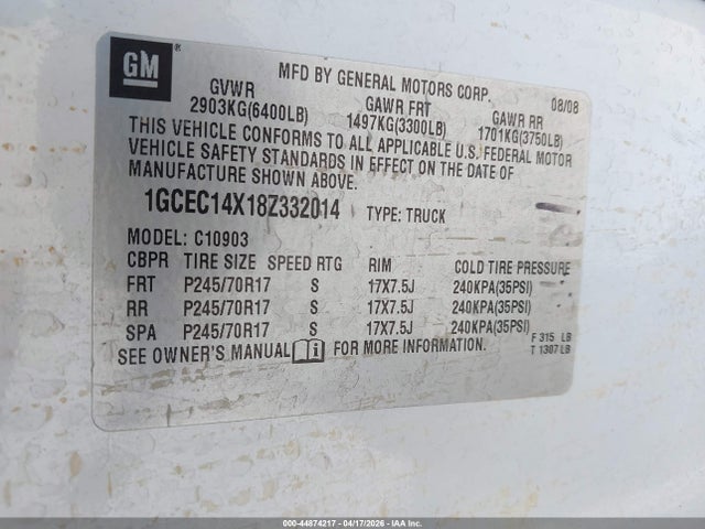 Aukcja sprzedaży 2008 Chevrolet Silverado 1500 Work Truck, vin: 1GCEC14X18Z332014, numer aukcji: 44874217