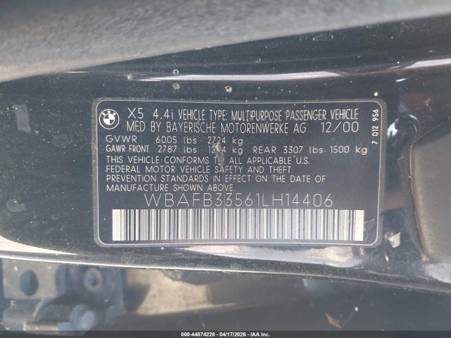 2001 Bmw X5 4.4 მანქანა იყიდება აუქციონზე, vin: WBAFB33561LH14406, აუქციონის ნომერი: 44874228