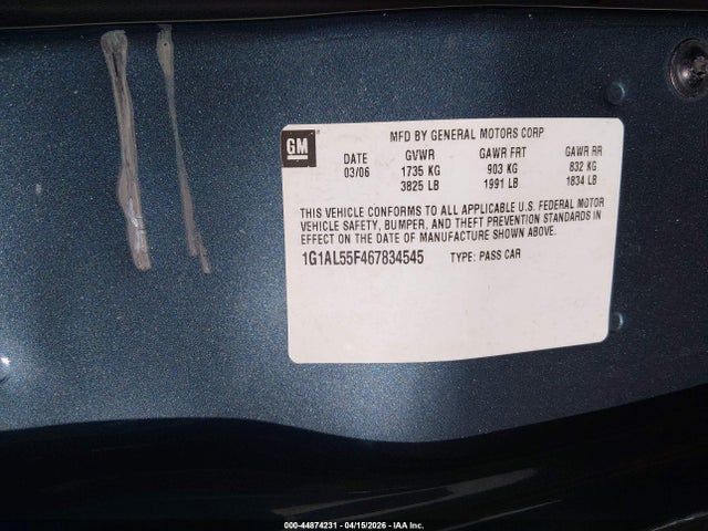 44874231 :رقم المزاد ، 1G1AL55F467834545 vin ، 2006 Chevrolet Cobalt Lt مزاد بيع