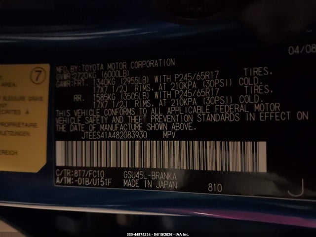 2008 TOYOTA HIGHLANDER JTEES41A482083930 Photo 8