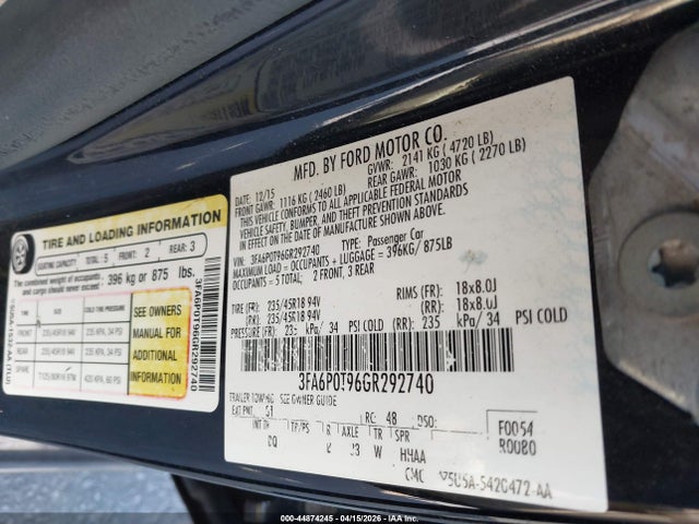 Aukcja sprzedaży 2016 Ford Fusion Se, vin: 3FA6P0T96GR292740, numer aukcji: 44874245