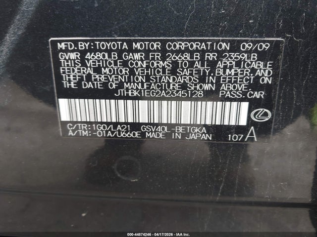 Aukcja sprzedaży 2010 Lexus Es 350, vin: JTHBK1EG2A2345128, numer aukcji: 44874246