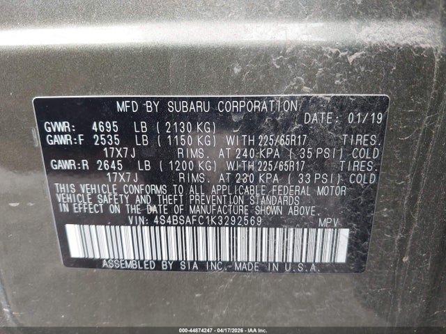 Продажа на аукционе авто 2019 Subaru Outback 2.5i Premium, vin: 4S4BSAFC1K3292569, номер лота: 44874247