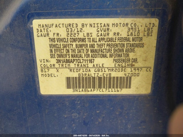 Продажа на аукционе авто 2012 Nissan Sentra 2.0 Sr, vin: 3N1AB6AP7CL711167, номер лота: 44874255