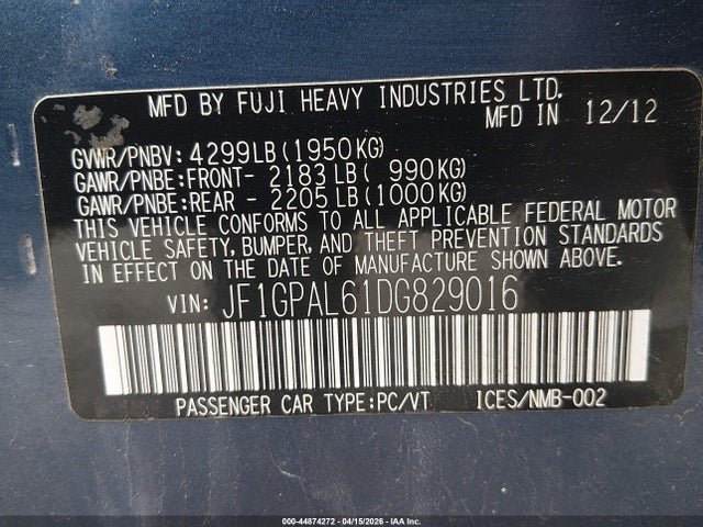 2013 Subaru Impreza 2.0i Sport Premium მანქანა იყიდება აუქციონზე, vin: JF1GPAL61DG829016, აუქციონის ნომერი: 44874272
