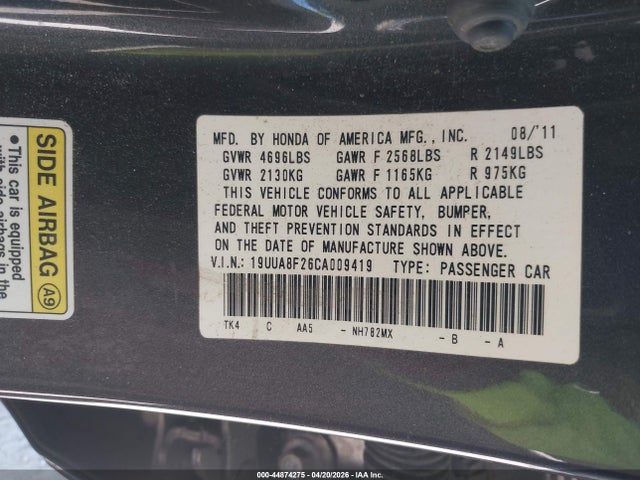 Aukcja sprzedaży 2012 Acura Tl 3.5, vin: 19UUA8F26CA009419, numer aukcji: 44874275