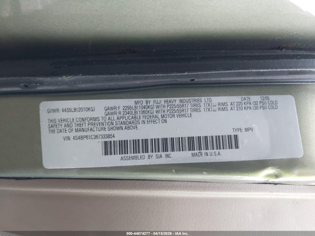 2006 Subaru Outback 2.5i მანქანა იყიდება აუქციონზე, vin: 4S4BP61C367333854, აუქციონის ნომერი: 44874277