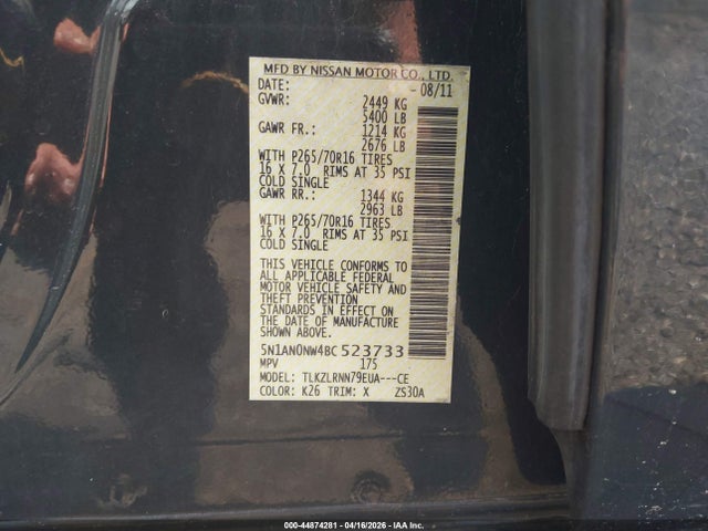 Aukcja sprzedaży 2011 Nissan Xterra S, vin: 5N1AN0NW4BC523733, numer aukcji: 44874281