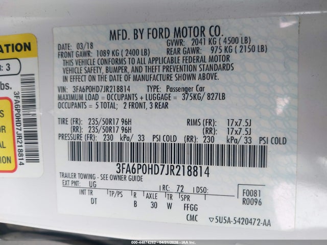 Ford FUSION SE 2018 3FA6P0HD7JR218814 Image 9