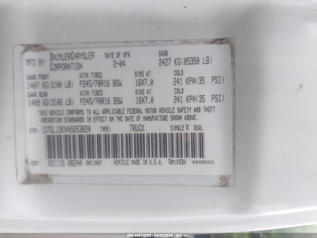 Продажа на аукционе авто 2004 Dodge Dakota, vin: 1D7GL12KX4S653820, номер лота: 44874289
