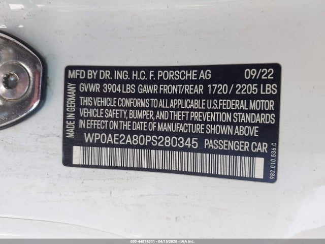 WP0AE2A80PS280345 Porsche 718 Cayman Gt4 Rs