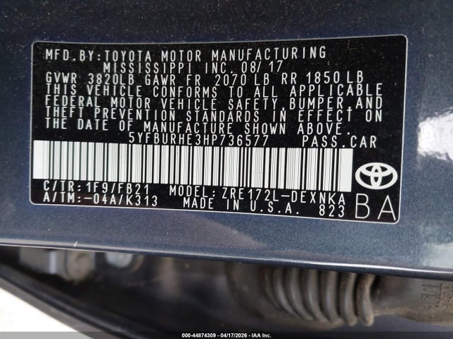 Продажа на аукционе авто 2017 Toyota Corolla Le, vin: 5YFBURHE3HP736577, номер лота: 44874309