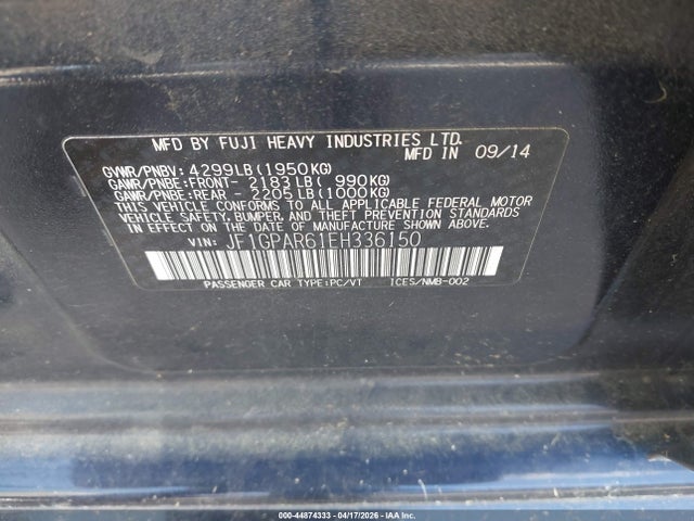 Aukcja sprzedaży 2014 Subaru Impreza 2.0i Sport Limited, vin: JF1GPAR61EH336150, numer aukcji: 44874333