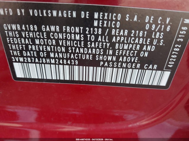 Aukcja sprzedaży 2017 Volkswagen Jetta 1.4t S, vin: 3VW2B7AJ8HM248439, numer aukcji: 44874335