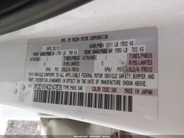 44874342 :رقم المزاد ، JM1DE1KY4C0147678 vin ، 2012 Mazda Mazda2 Sport مزاد بيع