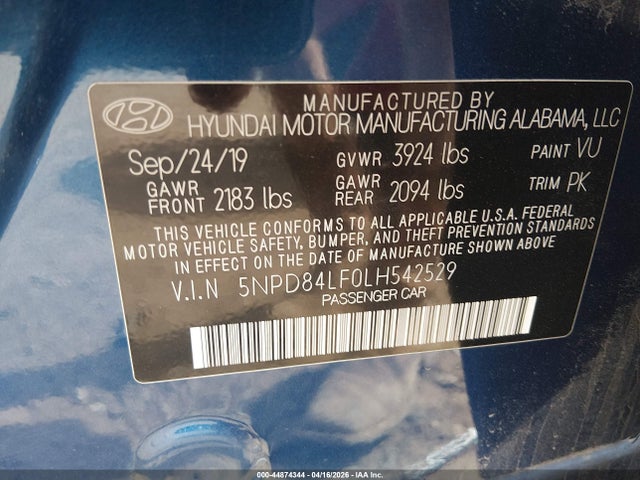 2020 Hyundai Elantra Sel მანქანა იყიდება აუქციონზე, vin: 5NPD84LF0LH542529, აუქციონის ნომერი: 44874344