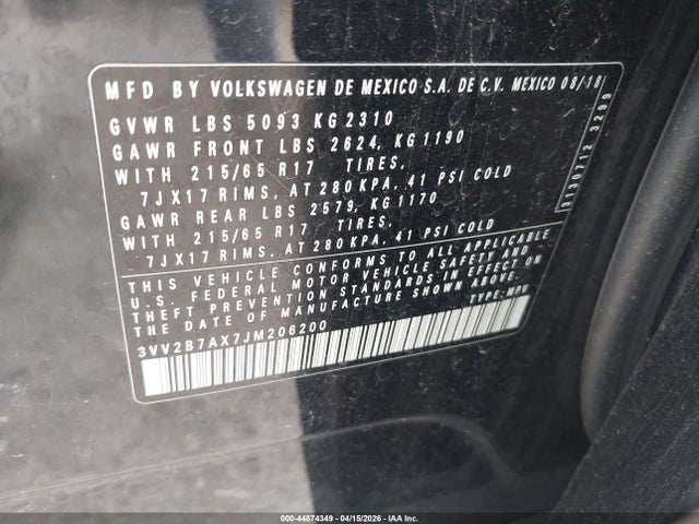 44874349 :رقم المزاد ، 3VV2B7AX7JM206200 vin ، 2018 Volkswagen Tiguan 2.0t Se/2.0t Sel مزاد بيع