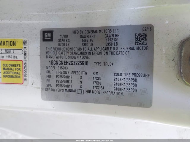 Aukcja sprzedaży 2016 Chevrolet Silverado 1500 Wt, vin: 1GCNCNEH2GZ225616, numer aukcji: 44874350