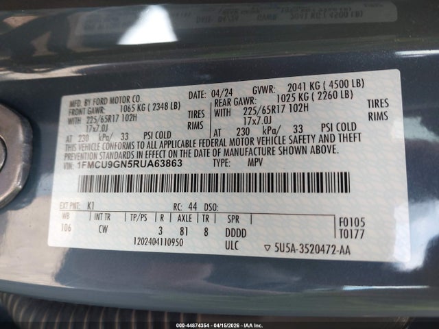 Продажа на аукционе авто 2024 Ford Escape Active, vin: 1FMCU9GN5RUA63863, номер лота: 44874354