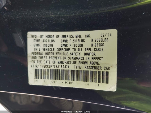2014 Honda Accord Ex მანქანა იყიდება აუქციონზე, vin: 1HGCR2F70EA150874, აუქციონის ნომერი: 44874362