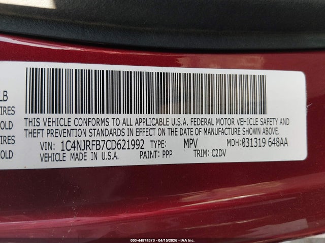 2012 Jeep Patriot Latitude მანქანა იყიდება აუქციონზე, vin: 1C4NJRFB7CD621992, აუქციონის ნომერი: 44874370