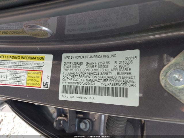 2018 Honda Accord Ex-l მანქანა იყიდება აუქციონზე, vin: 1HGCV1F57JA204931, აუქციონის ნომერი: 44874377