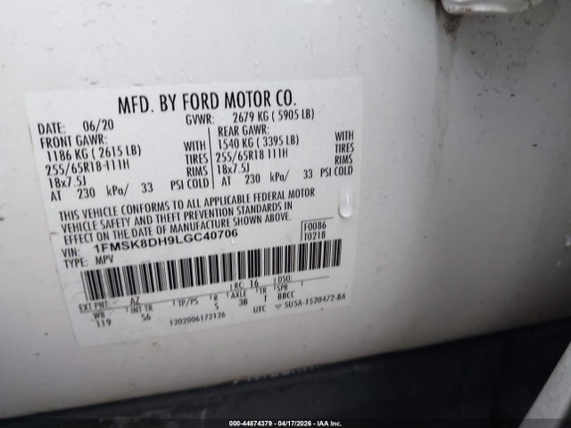 44874379 :رقم المزاد ، 1FMSK8DH9LGC40706 vin ، 2020 Ford Explorer Xlt مزاد بيع