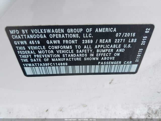 Продаж на аукціоні авто 2015 Volkswagen Passat 1.8t Limited Edition, vin: 1VWAT7A39FC114869, номер лоту: 44874381