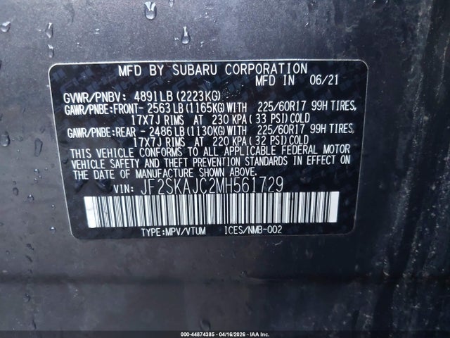 44874385 :رقم المزاد ، JF2SKAJC2MH561729 vin ، 2021 Subaru Forester Premium مزاد بيع