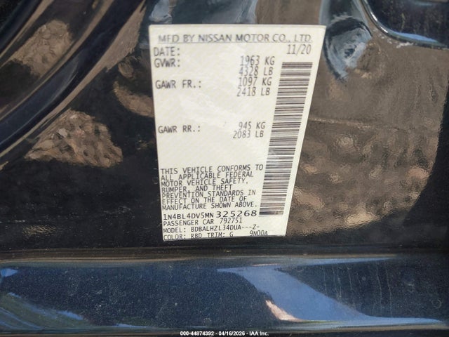 Продажа на аукционе авто 2021 Nissan Altima Sv Fwd, vin: 1N4BL4DV5MN325268, номер лота: 44874392