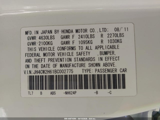 Продажа на аукционе авто 2011 Acura Tsx 2.4, vin: JH4CW2H61BC002775, номер лота: 44874394