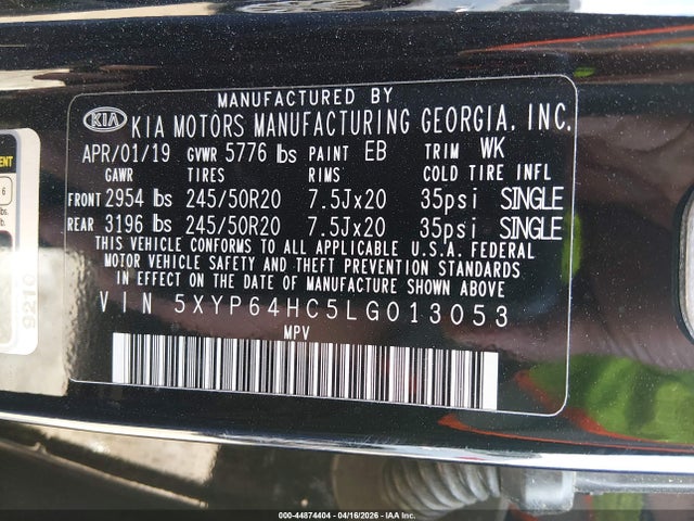 44874404 :رقم المزاد ، 5XYP64HC5LG013053 vin ، 2020 Kia Telluride S مزاد بيع