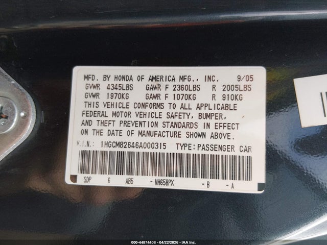 44874408 :رقم المزاد ، 1HGCM82646A000315 vin ، 2006 Honda Accord 3.0 Ex مزاد بيع