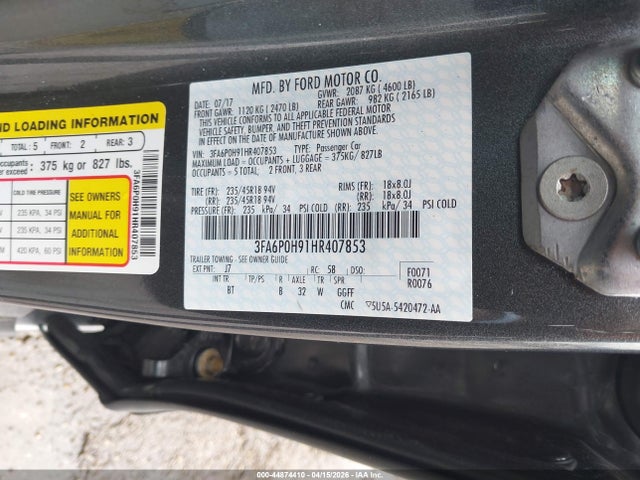 Продаж на аукціоні авто 2017 Ford Fusion Se, vin: 3FA6P0H91HR407853, номер лоту: 44874410