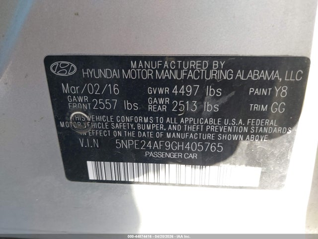 Aukcja sprzedaży 2016 Hyundai Sonata Se, vin: 5NPE24AF9GH405765, numer aukcji: 44874416