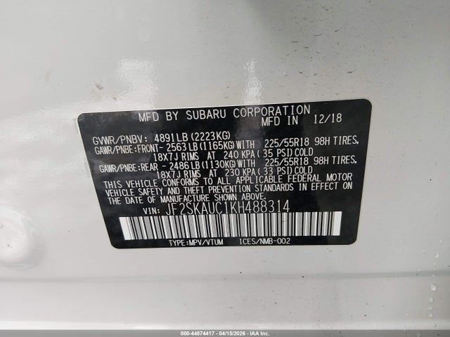 44874417 :رقم المزاد ، JF2SKAUC1KH488314 vin ، 2019 Subaru Forester Limited مزاد بيع