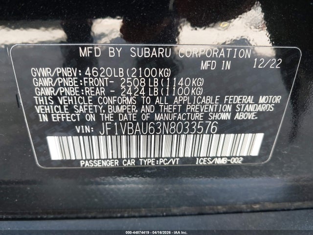 2022 Subaru Wrx Gt მანქანა იყიდება აუქციონზე, vin: JF1VBAU63N8033576, აუქციონის ნომერი: 44874419