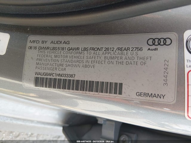 Продаж на аукціоні авто 2017 Audi A6 2.0t Premium, vin: WAUG8AFC1HN033387, номер лоту: 44874435