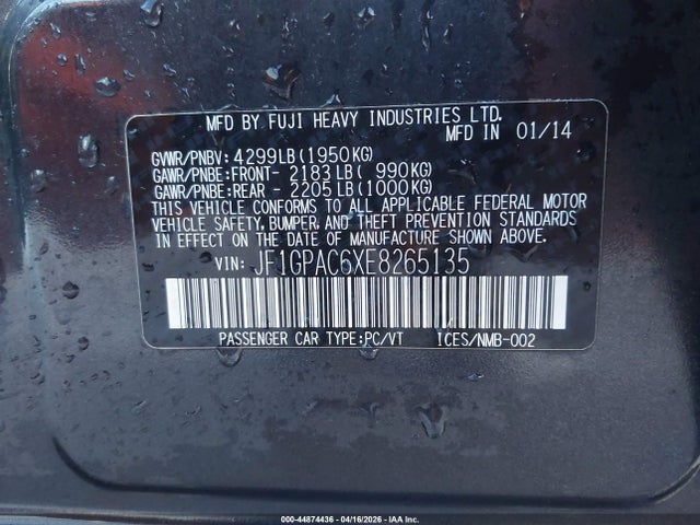 44874436 :رقم المزاد ، JF1GPAC6XE8265135 vin ، 2014 Subaru Impreza 2.0i Premium مزاد بيع