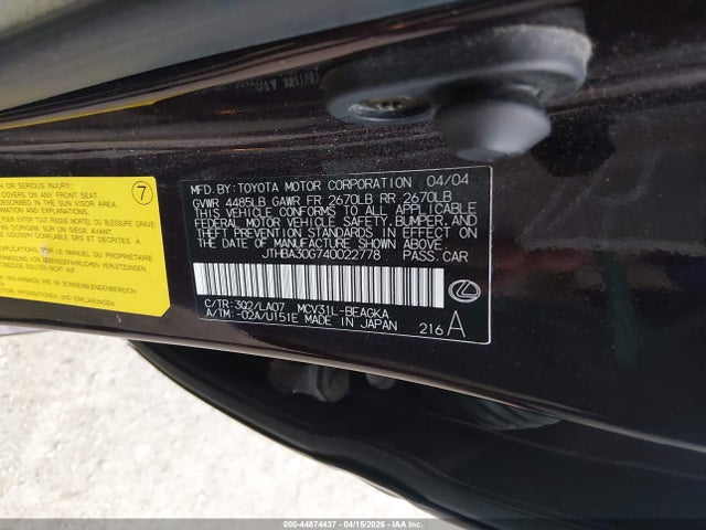 Продажа на аукционе авто 2004 Lexus Es 330, vin: JTHBA30G740022778, номер лота: 44874437