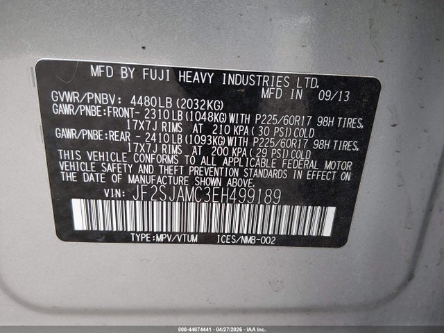 Продажа на аукционе авто 2014 Subaru Forester 2.5i Touring, vin: JF2SJAMC3EH499189, номер лота: 44874441