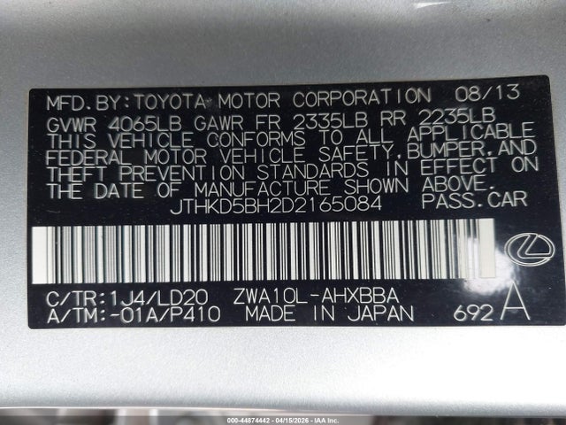 Aukcja sprzedaży 2013 Lexus Ct 200h, vin: JTHKD5BH2D2165084, numer aukcji: 44874442