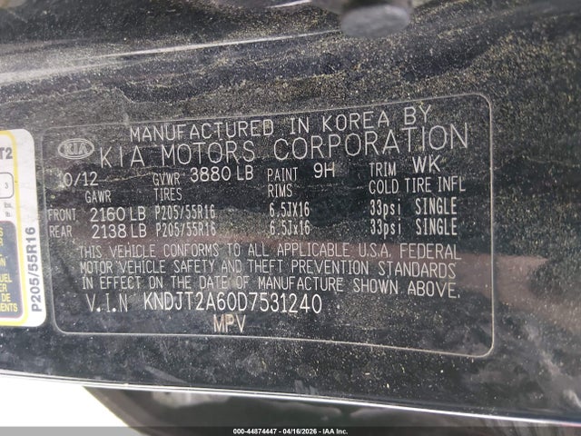 44874447 :رقم المزاد ، KNDJT2A60D7531240 vin ، 2013 Kia Soul + مزاد بيع