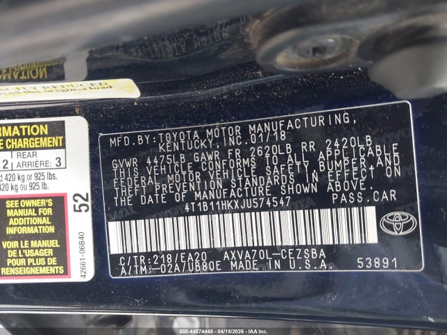 Aukcja sprzedaży 2018 Toyota Camry Se, vin: 4T1B11HKXJU574547, numer aukcji: 44874448