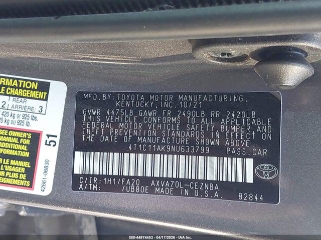 Продажа на аукционе авто 2022 Toyota Camry Le, vin: 4T1C11AK9NU633799, номер лота: 44874453