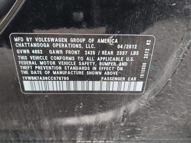44874466 :رقم المزاد ، 1VWBN7A36CC078780 vin ، 2012 Volkswagen Passat 2.0l Tdi Se مزاد بيع