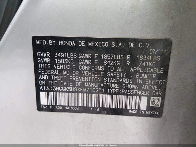 44874470 :رقم المزاد ، 3HGGK5H8XFM716251 vin ، 2015 Honda Fit Ex/ex-l مزاد بيع