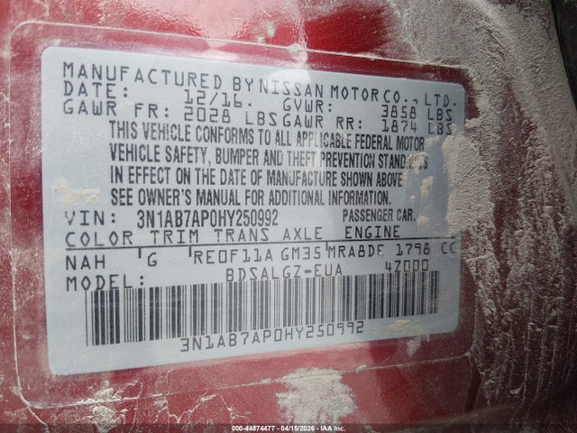 Aukcja sprzedaży 2017 Nissan Sentra Sl, vin: 3N1AB7AP0HY250992, numer aukcji: 44874477